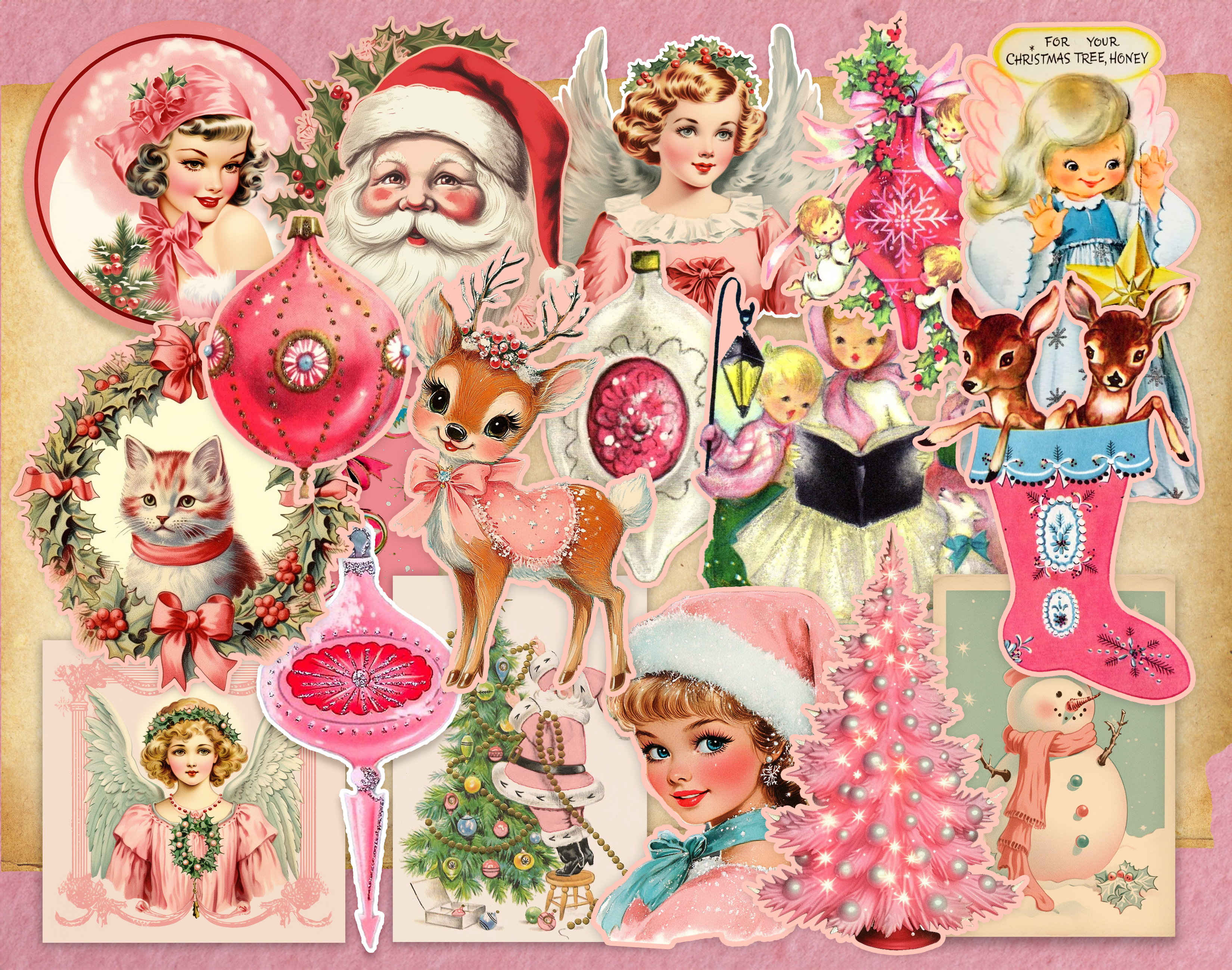 Vintage Christmas Stickers, 8 Pcs. Deluxe Set of Old Fashioned