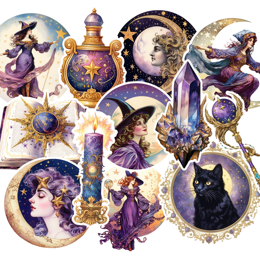 Vintage Celestial Moon Witch Stickers