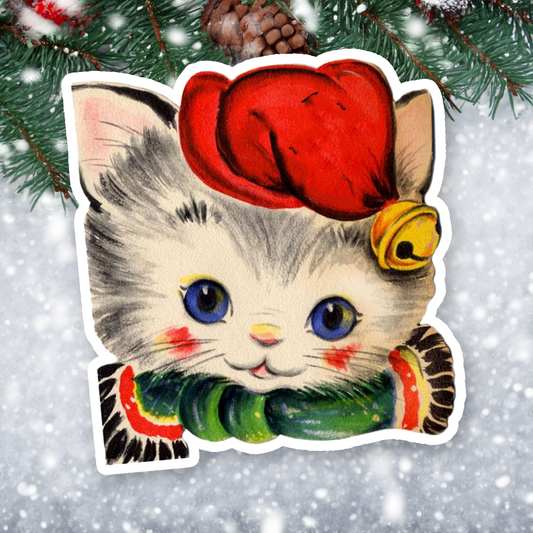 Vintage Christmas Cat Vinyl Waterproof Sticker