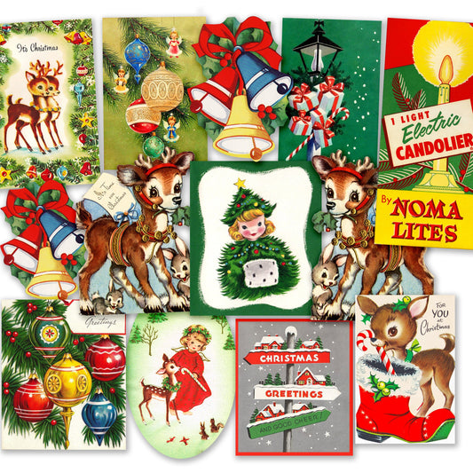 Retro Christmas Sticker Pack. Vintage Reindeer Stickers.